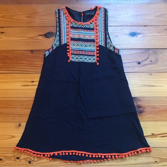THML Navy Orange Striped Pom-Pom Shift Dress, EUC, M - Picture 3 of 12